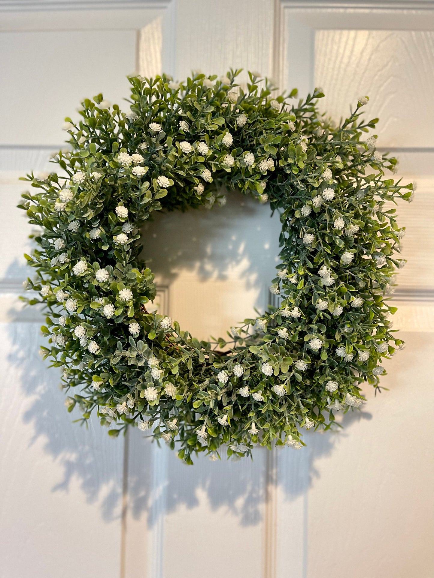 White Flower Boxwood Wreath: Minimalist Greenery Front Door Decor