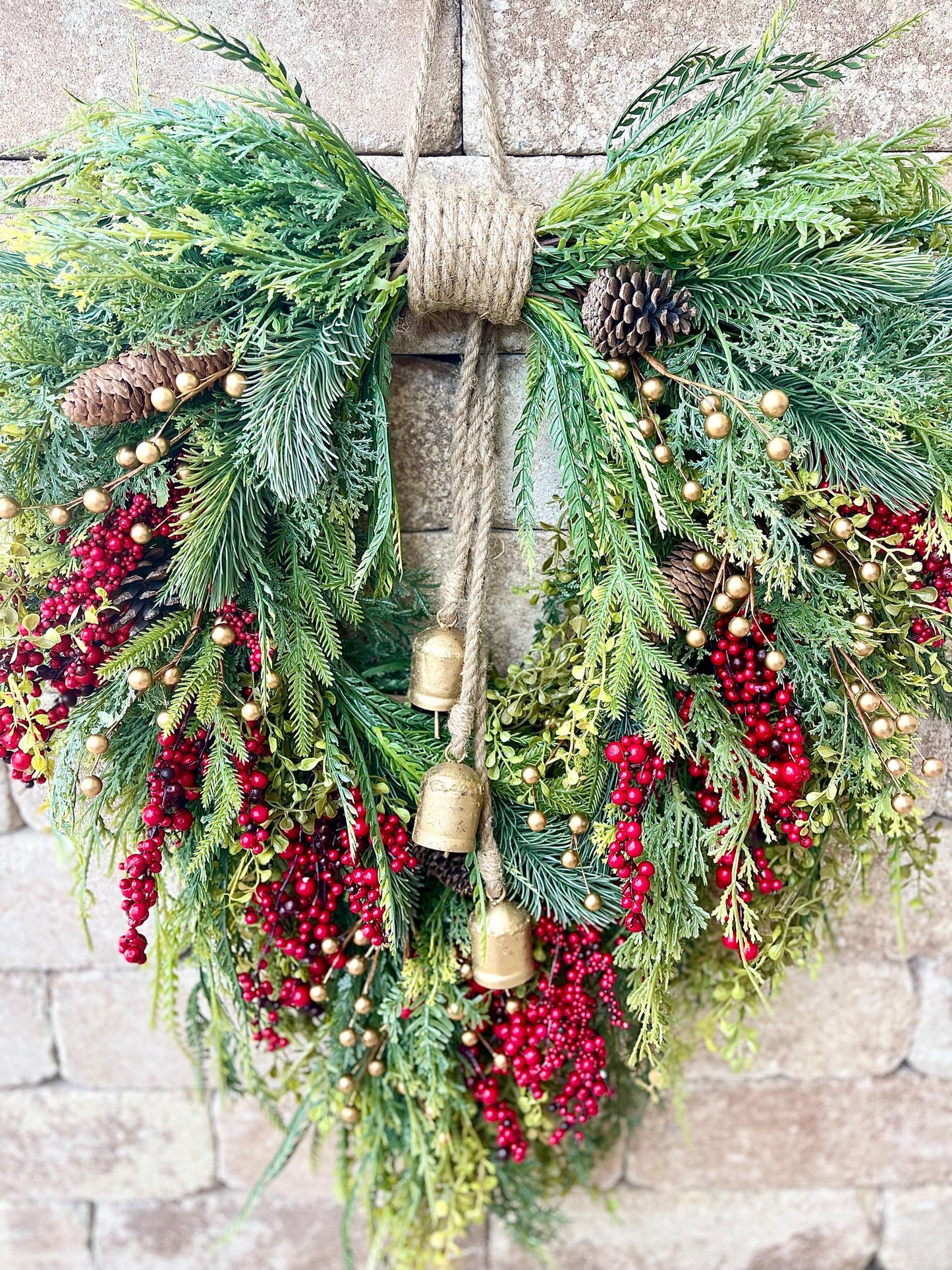 Red Berry Christmas Wreath, Rustic Evergreen Farmhouse Wreath with Gold Bells, Neutral Winter Door Decor, Classic Seasonal Front Door Wreath