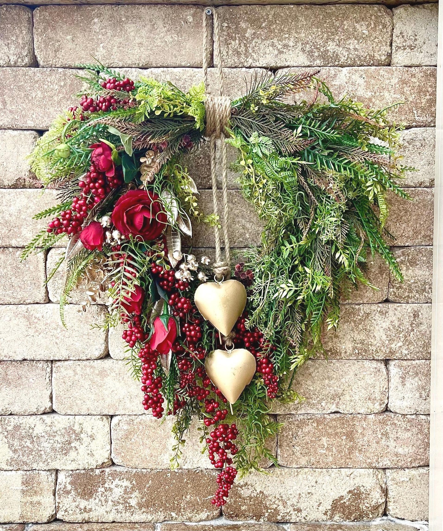 Farmhouse Valentine Heart Wreath: Gold Bells, Red Roses & Berries