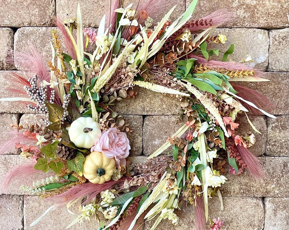 Pink Pumpkin Fall Wreath: Blush Pampas Grass & Floral Autumn Decor
