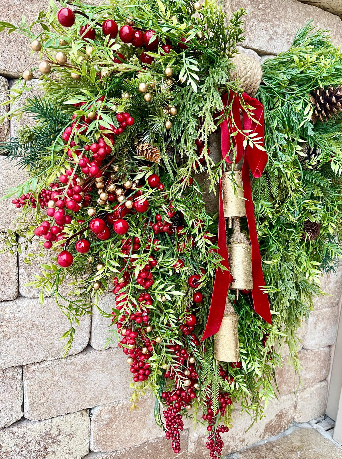 Red Berry Christmas Wreath: Rustic Farmhouse Evergreen with Gold Bells