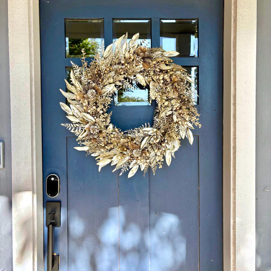 Gold Christmas Wreath for Front Door with Glittered Pinecones and Berries, Glam Holiday Decor