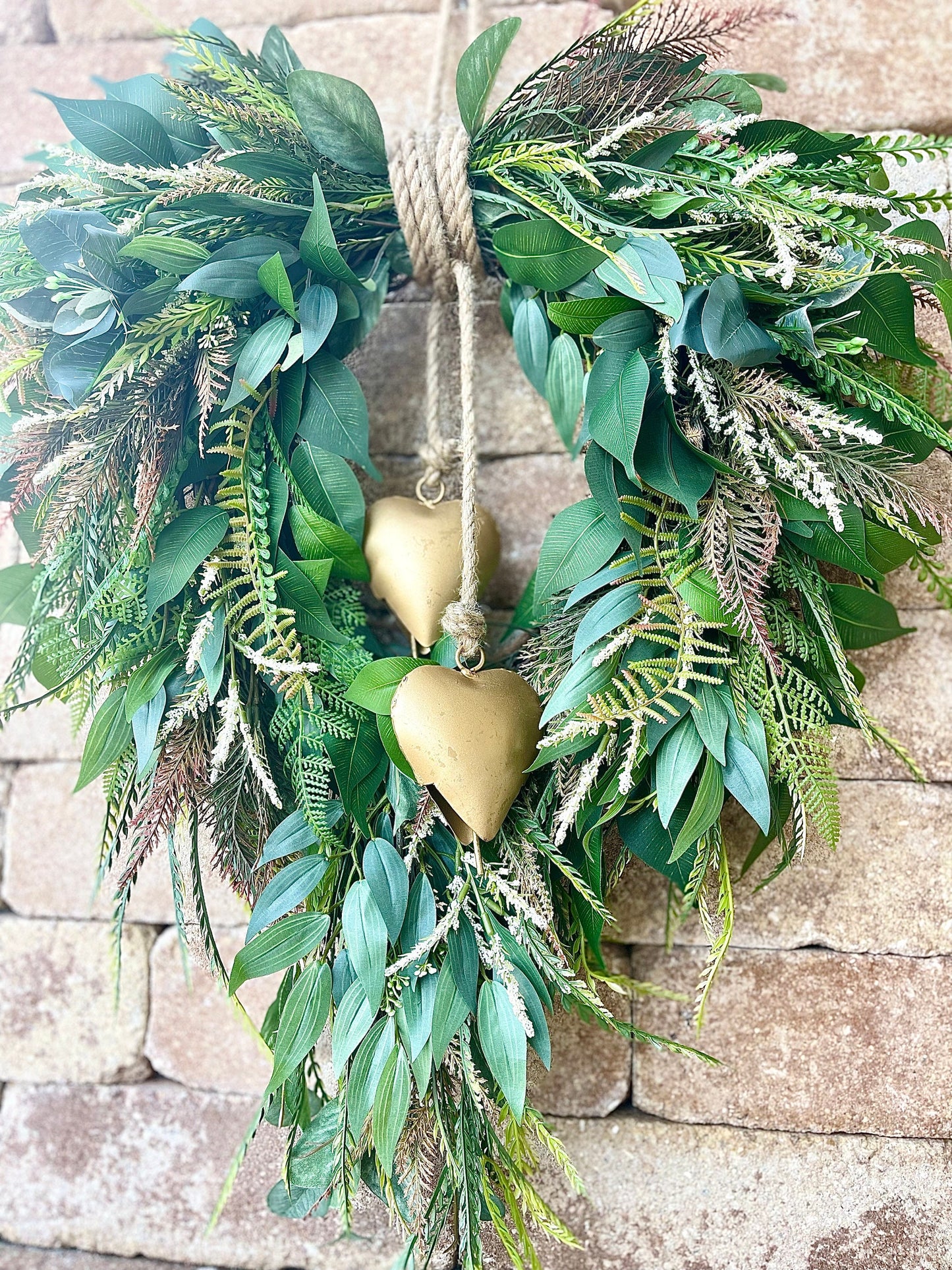Rustic Greenery Heart Wreath: Farmhouse Gold Heart Bell Decor
