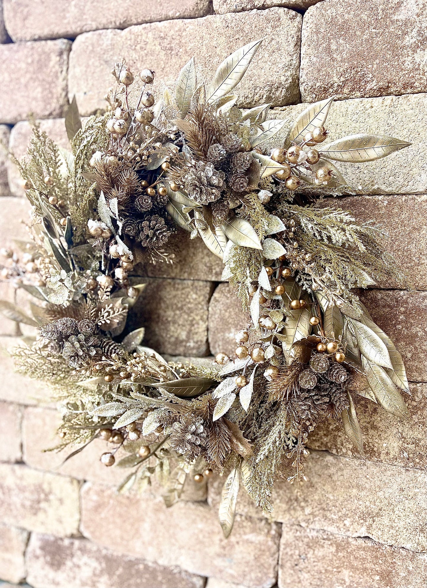 Gold Christmas Wreath for Front Door with Glittered Pinecones and Berries, Glam Holiday Decor