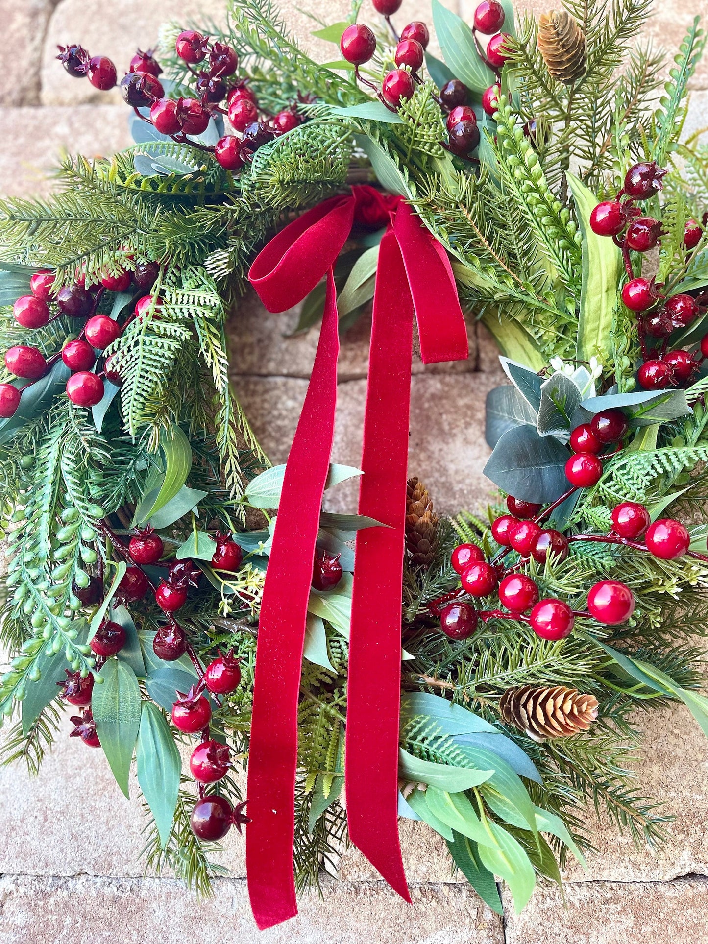 Red Berry Christmas Wreath, Rustic Farmhouse Evergreen, Velvet Bow