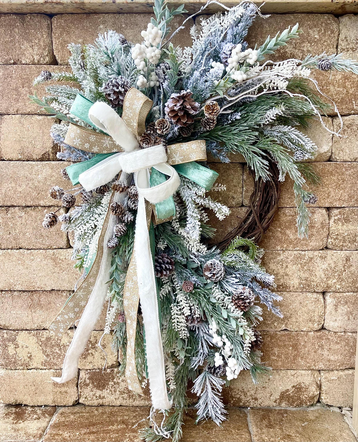 White Snowy Flocked Christmas Wreath with Pinecones and Berries for Front Door
