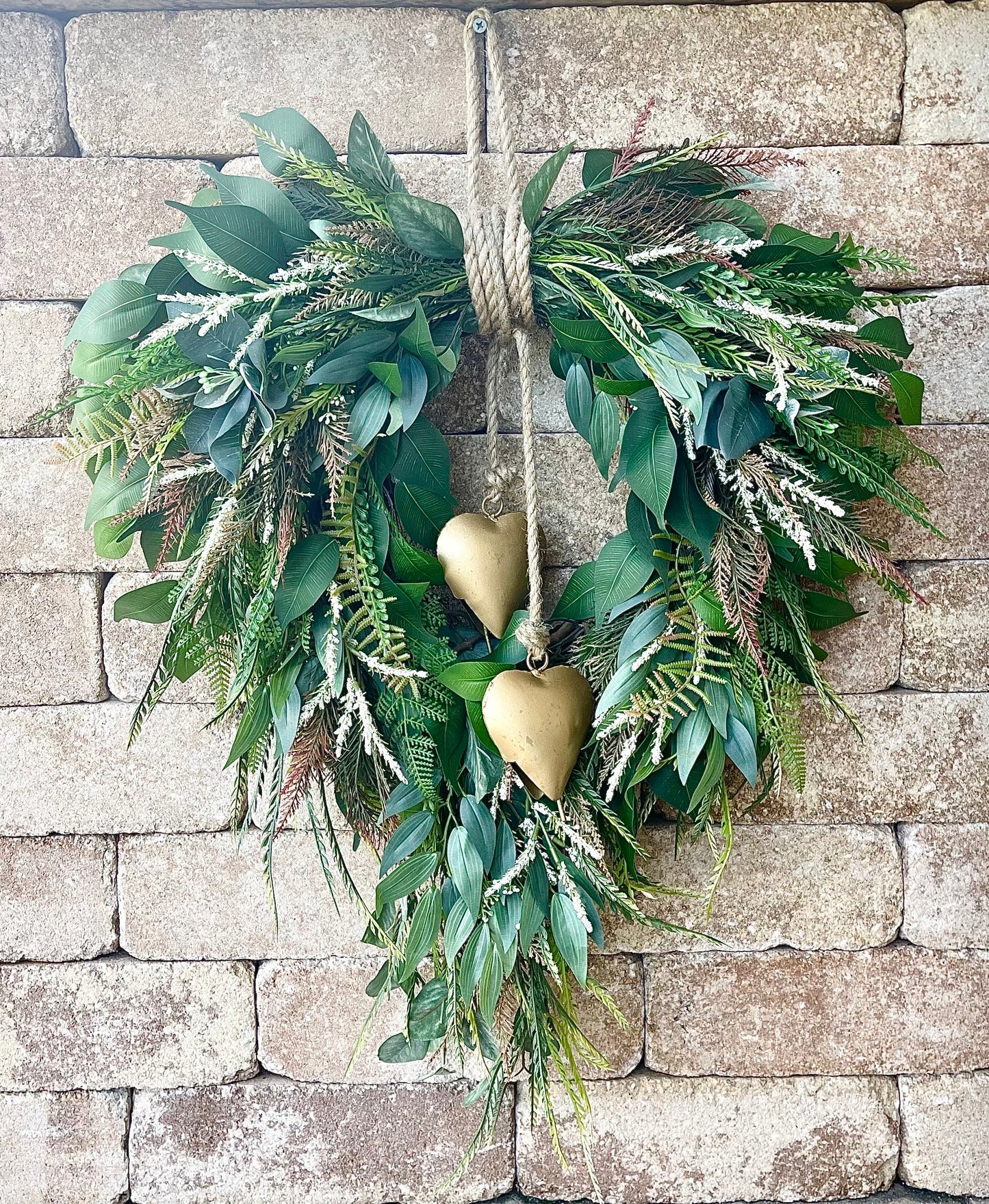 Rustic Greenery Heart Wreath: Farmhouse Gold Heart Bell Decor