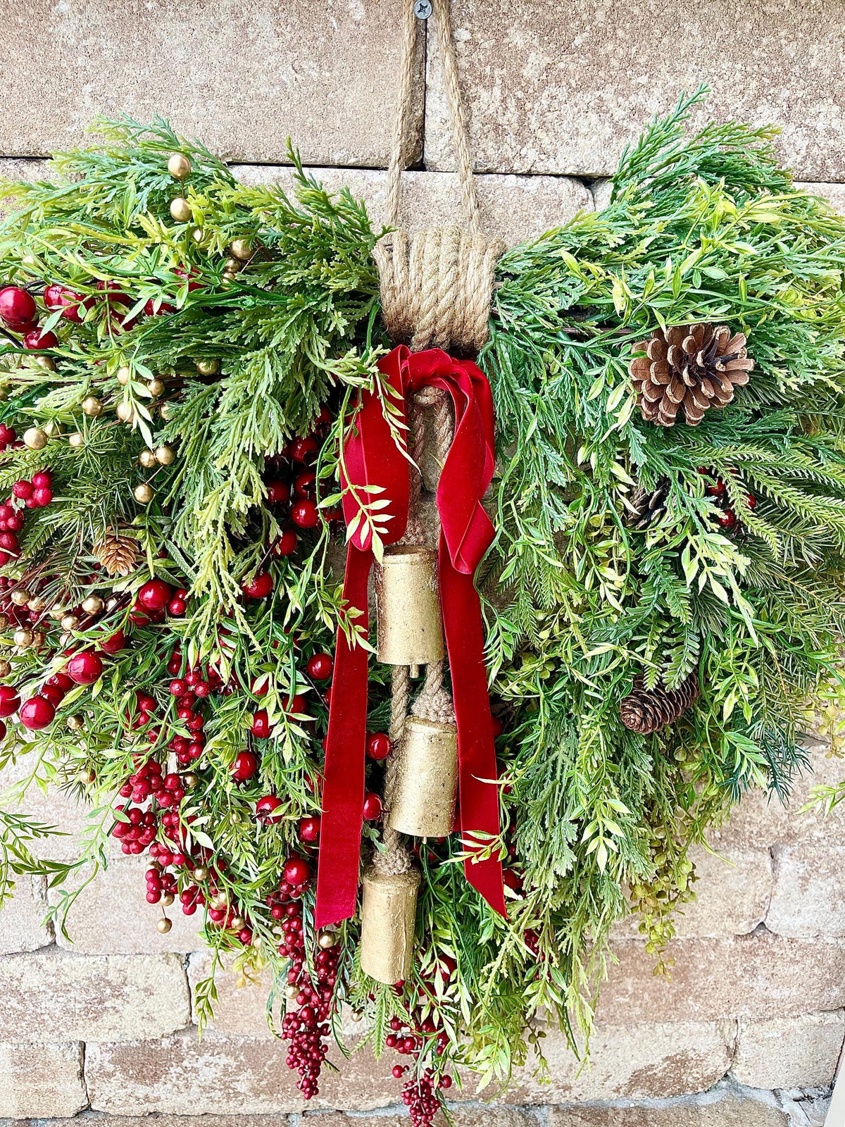 Red Berry Christmas Wreath: Rustic Farmhouse Evergreen with Gold Bells