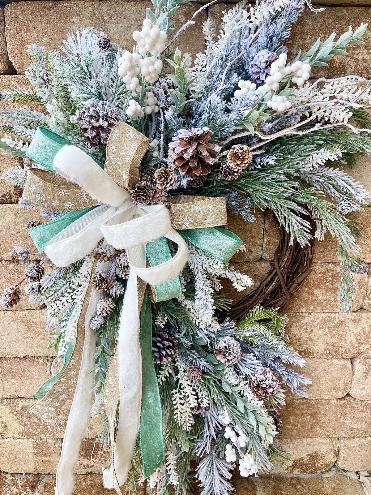 White Snowy Flocked Christmas Wreath with Pinecones and Berries for Front Door