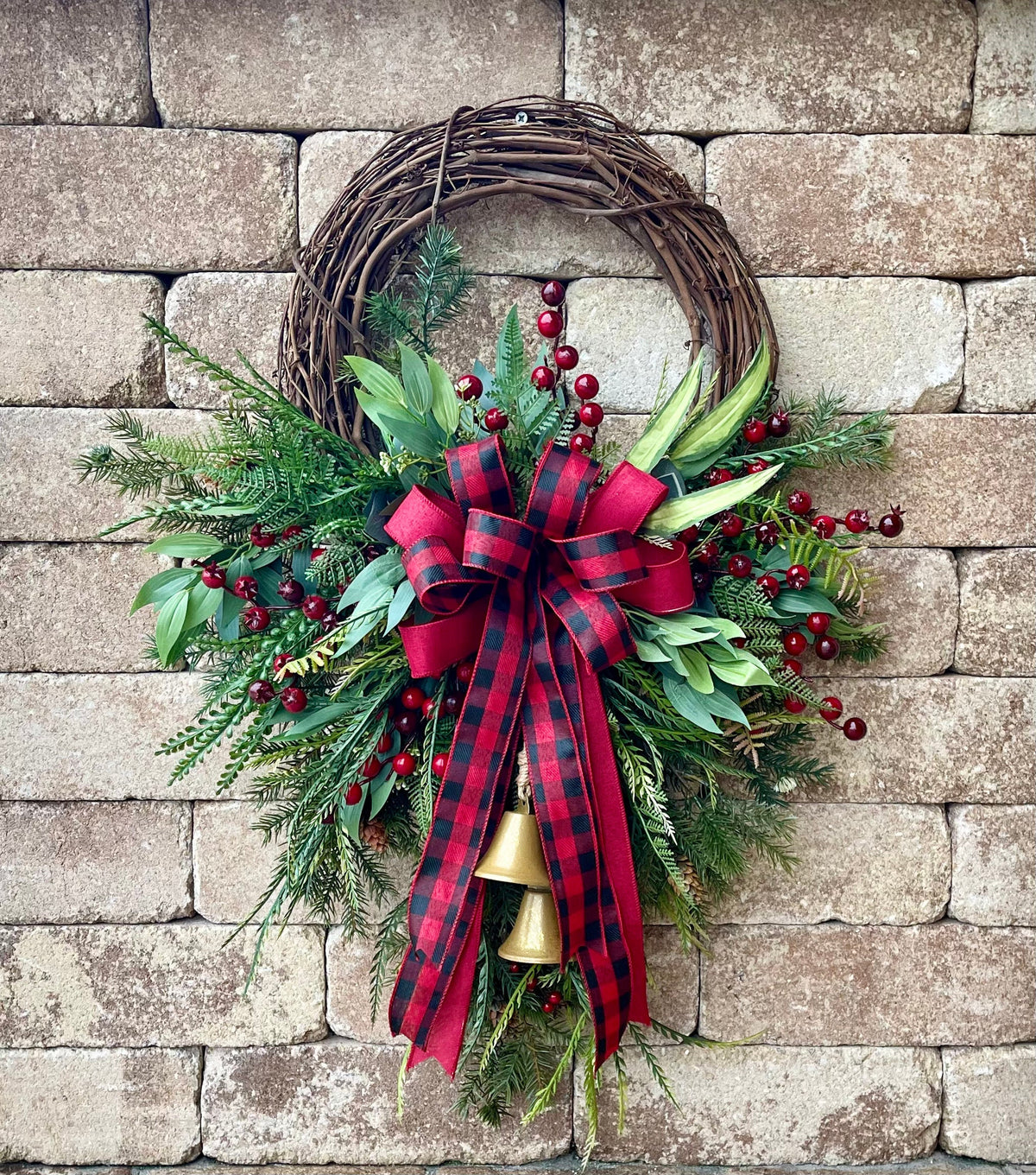 Red Berry Christmas Wreath, Buffalo Check Bow, Farmhouse Winter Decor