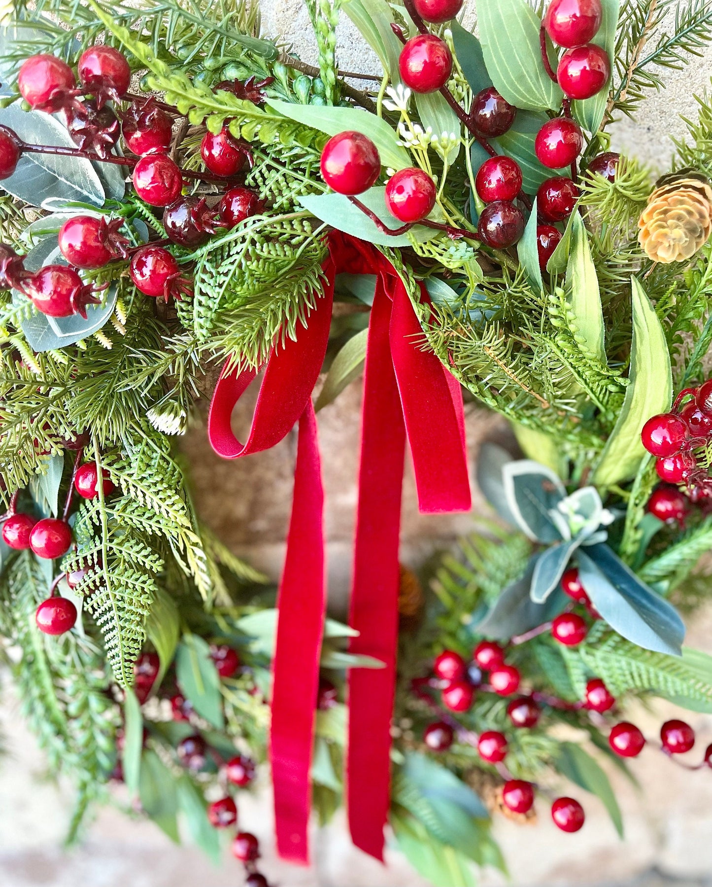 Red Berry Christmas Wreath, Rustic Farmhouse Evergreen, Velvet Bow