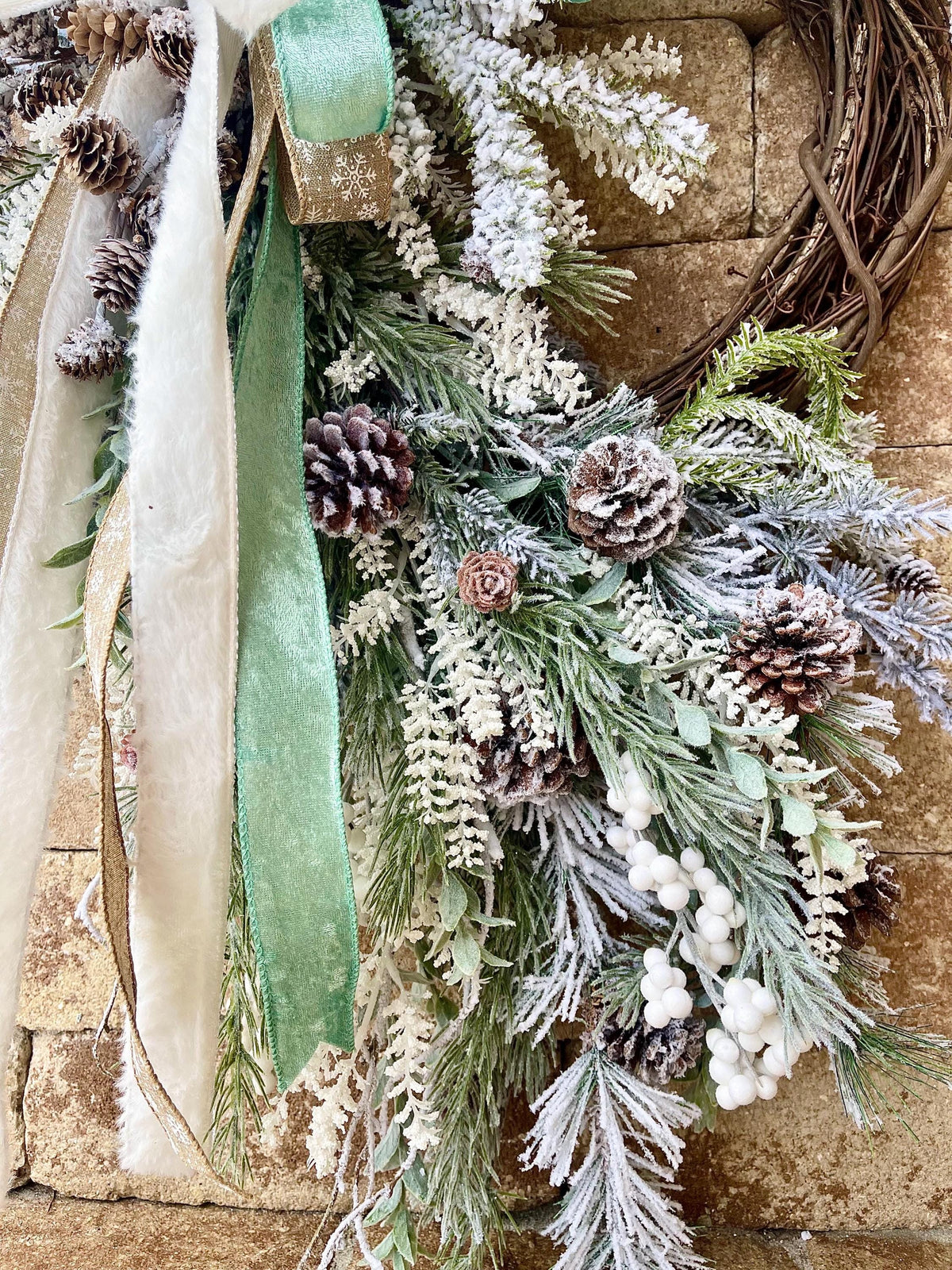 White Snowy Flocked Christmas Wreath with Pinecones and Berries for Front Door