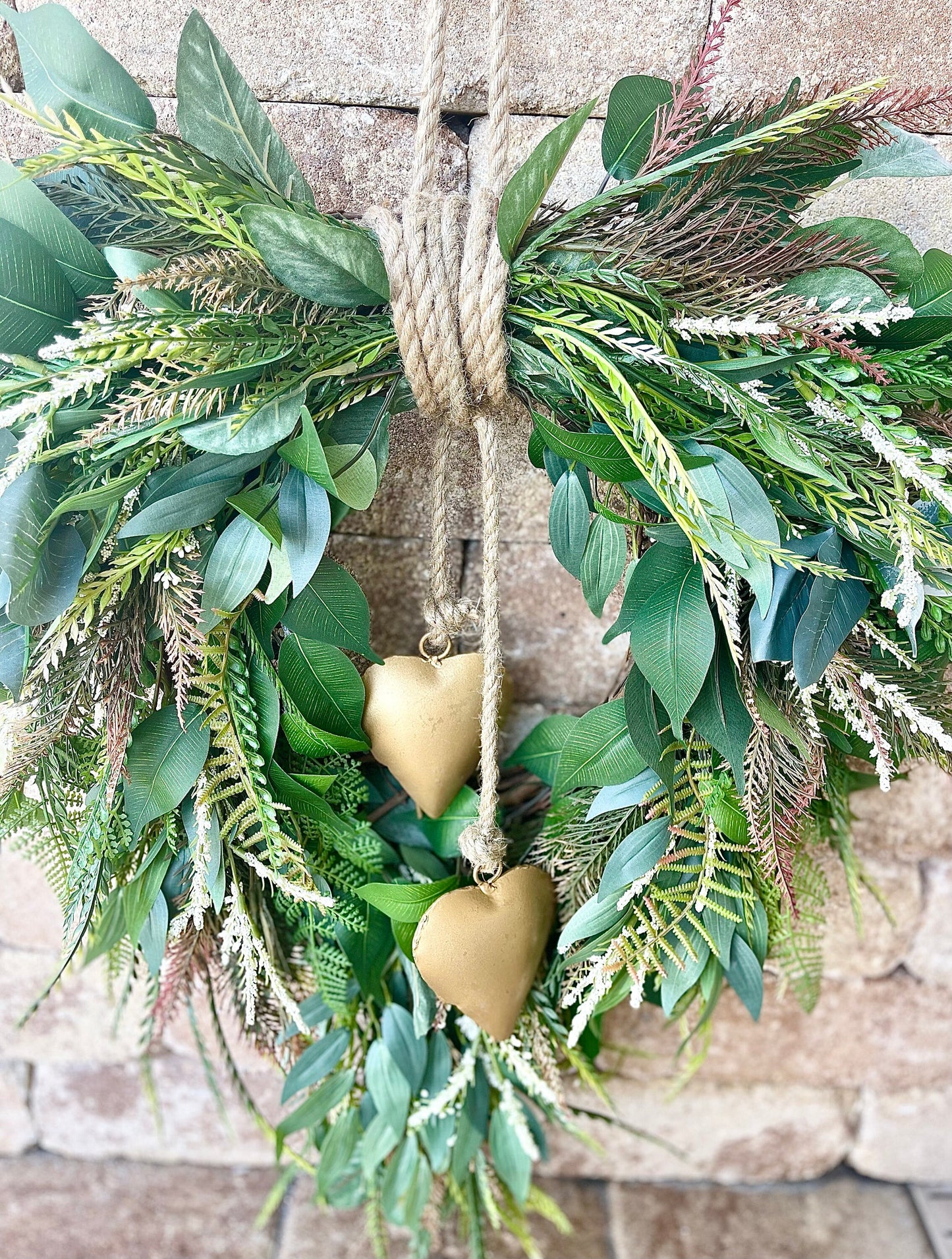 Rustic Greenery Heart Wreath: Farmhouse Gold Heart Bell Decor