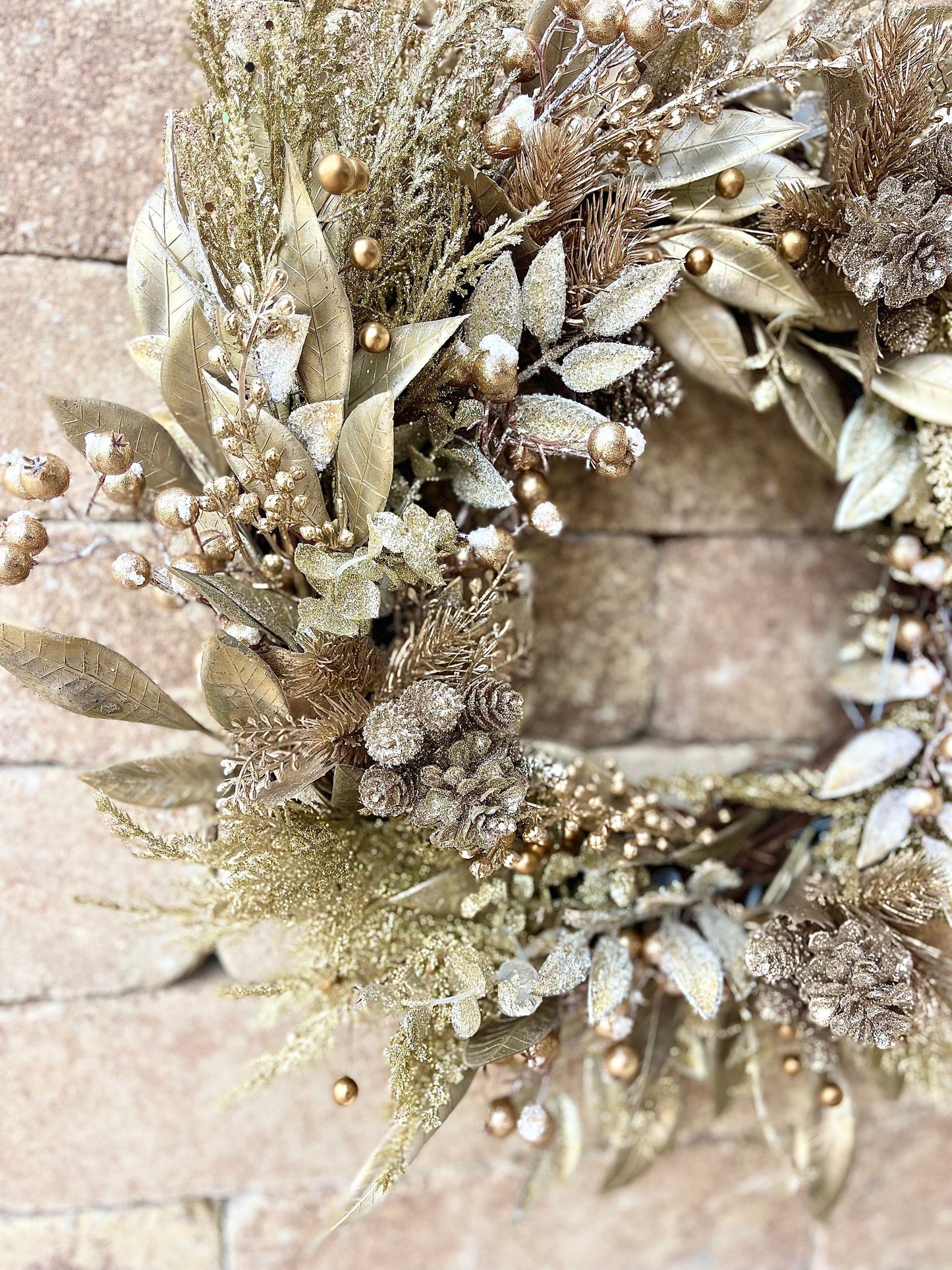 Gold Christmas Wreath for Front Door with Glittered Pinecones and Berries, Glam Holiday Decor