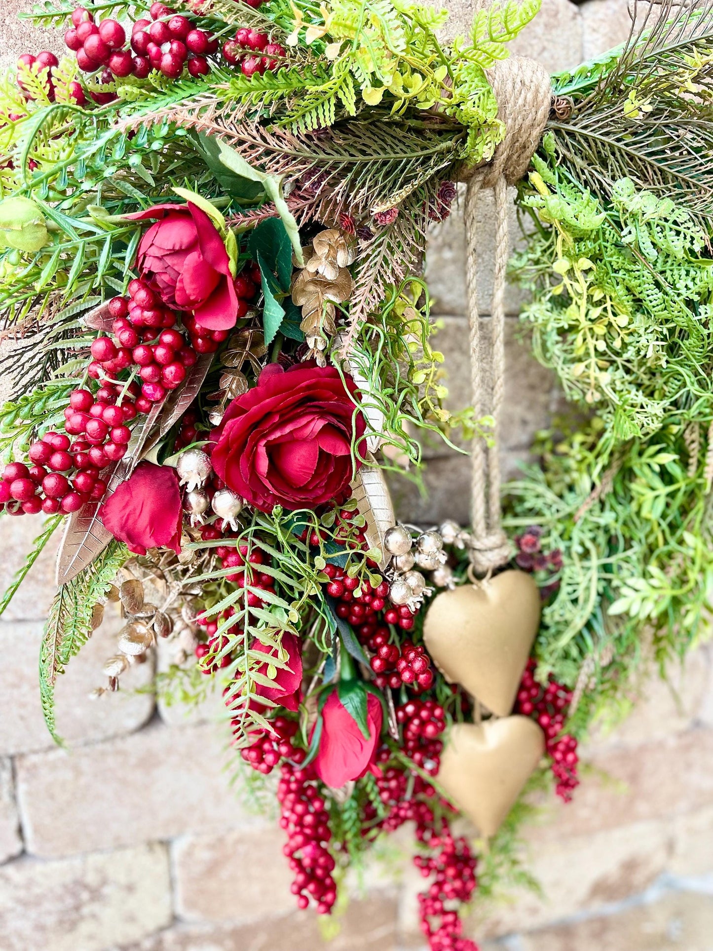 Farmhouse Valentine Heart Wreath: Gold Bells, Red Roses & Berries