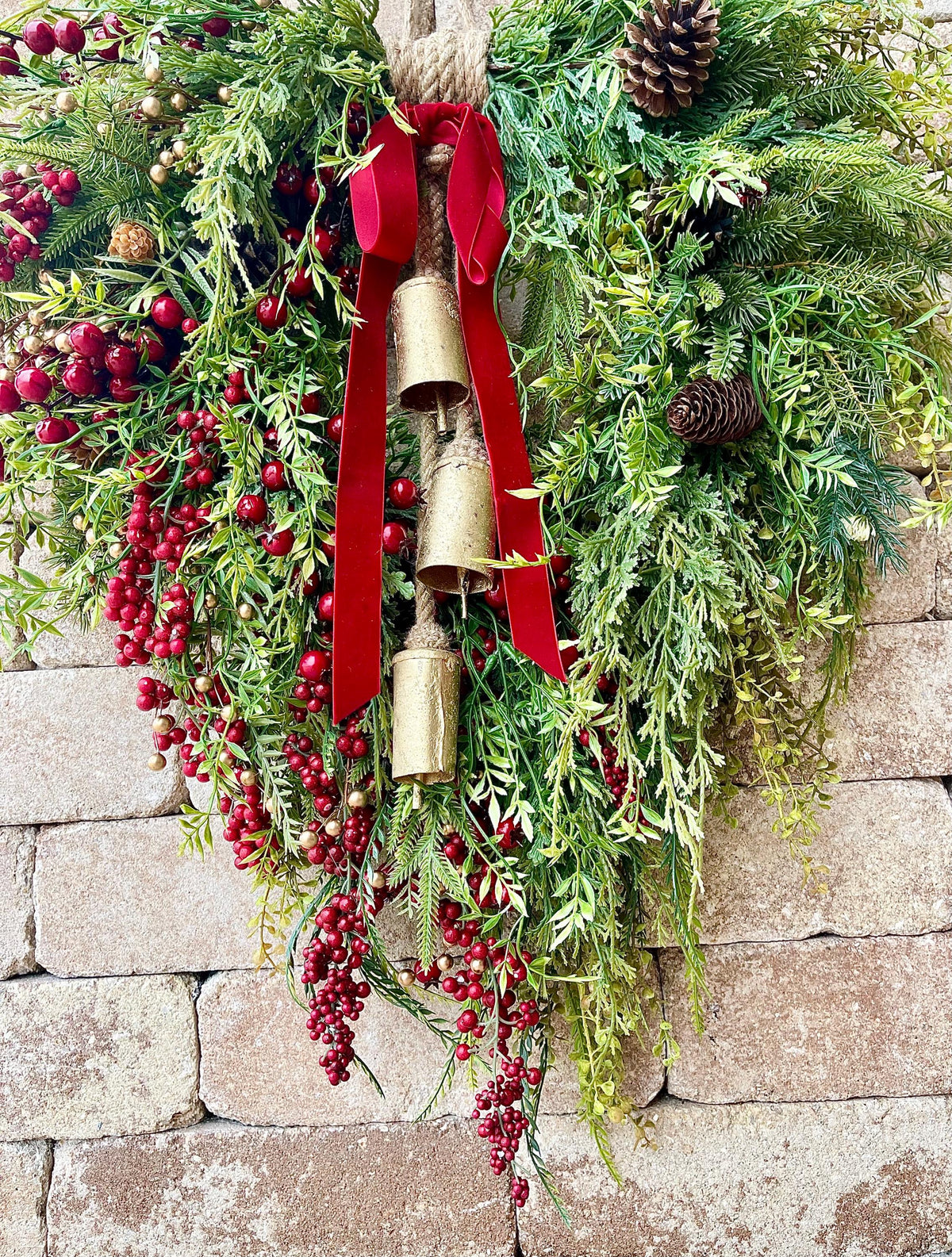 Red Berry Christmas Wreath: Rustic Farmhouse Evergreen with Gold Bells