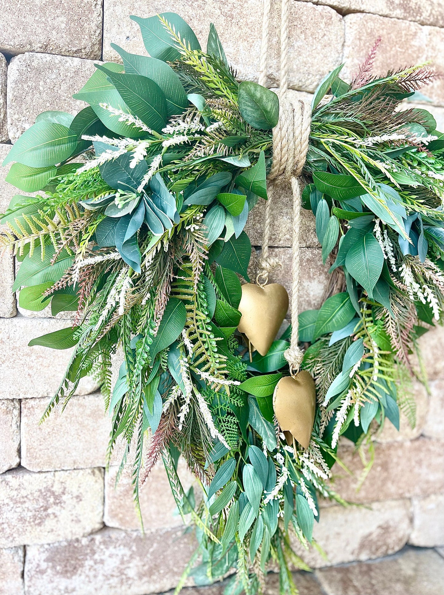 Rustic Greenery Heart Wreath: Farmhouse Gold Heart Bell Decor