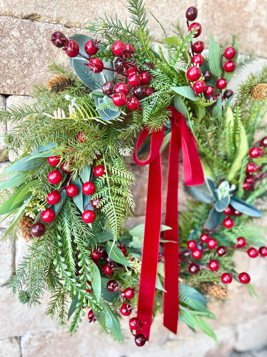 Red Berry Christmas Wreath, Rustic Farmhouse Evergreen, Velvet Bow