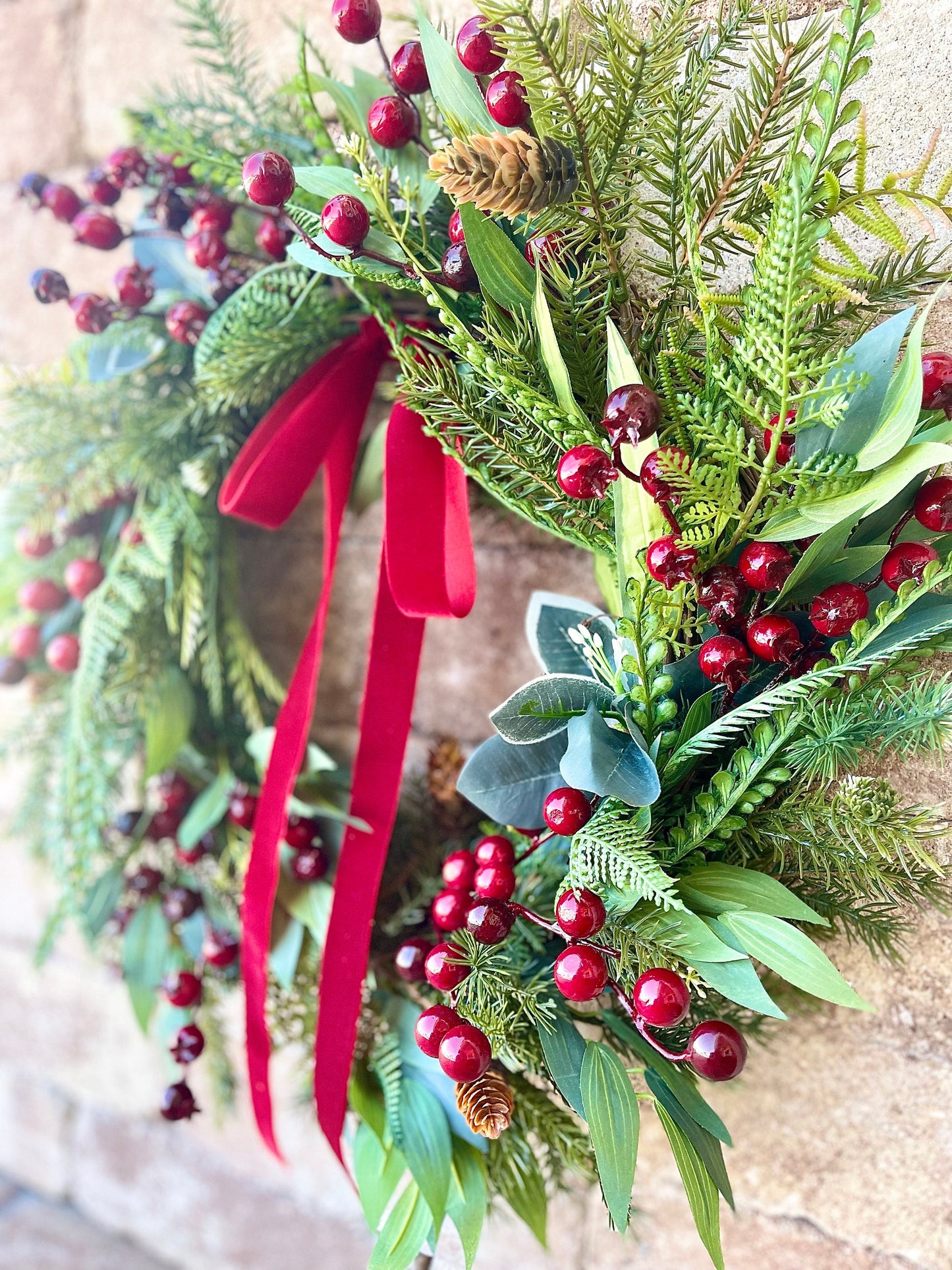 Red Berry Christmas Wreath, Rustic Farmhouse Evergreen, Velvet Bow