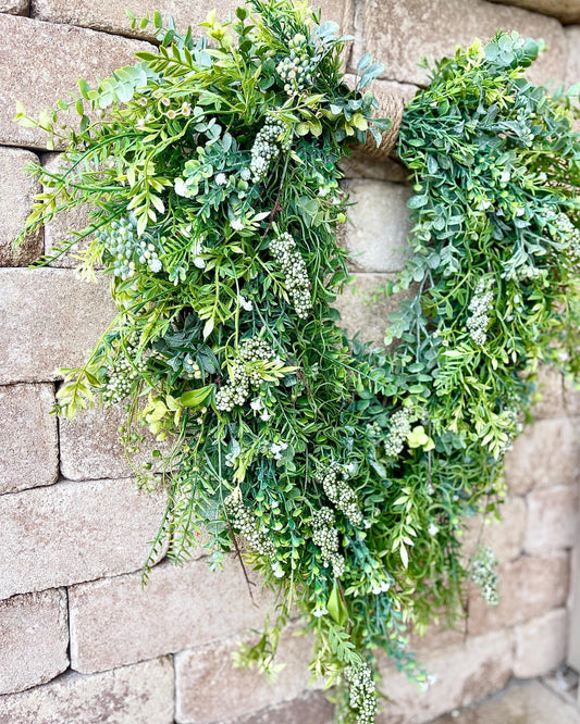 Farmhouse Greenery Wreath with White Flowers: Rustic Front Door Decor