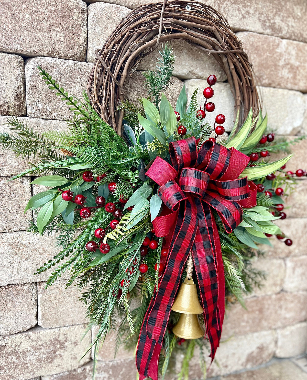Red Berry Christmas Wreath, Buffalo Check Bow, Farmhouse Winter Decor