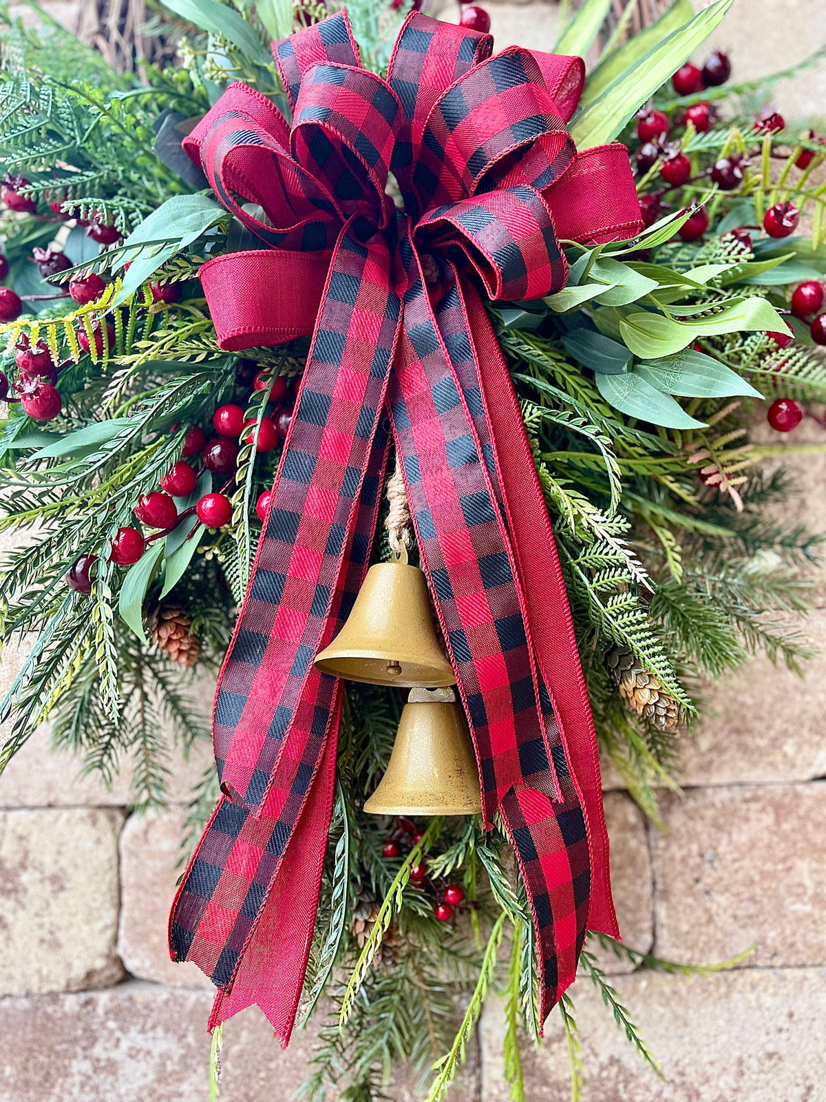 Red Berry Christmas Wreath, Buffalo Check Bow, Farmhouse Winter Decor