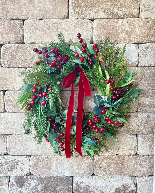 Red Berry Christmas Wreath, Rustic Farmhouse Evergreen, Velvet Bow