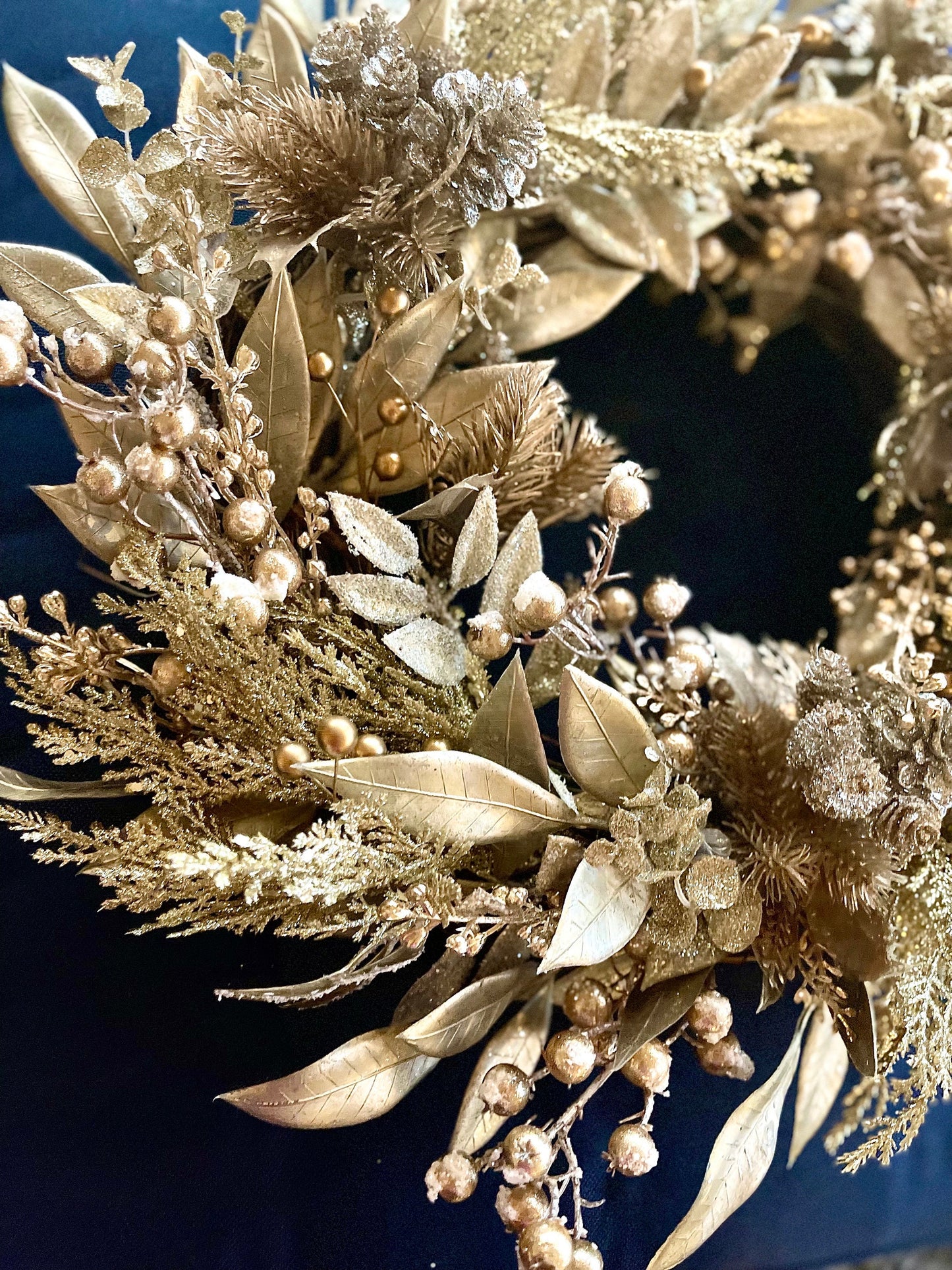 Gold Christmas Wreath for Front Door with Glittered Pinecones and Berries, Glam Holiday Decor