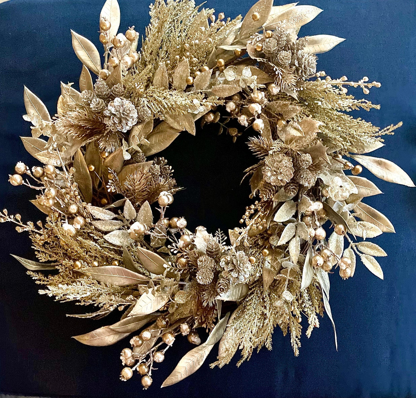 Gold Christmas Wreath for Front Door with Glittered Pinecones and Berries, Glam Holiday Decor