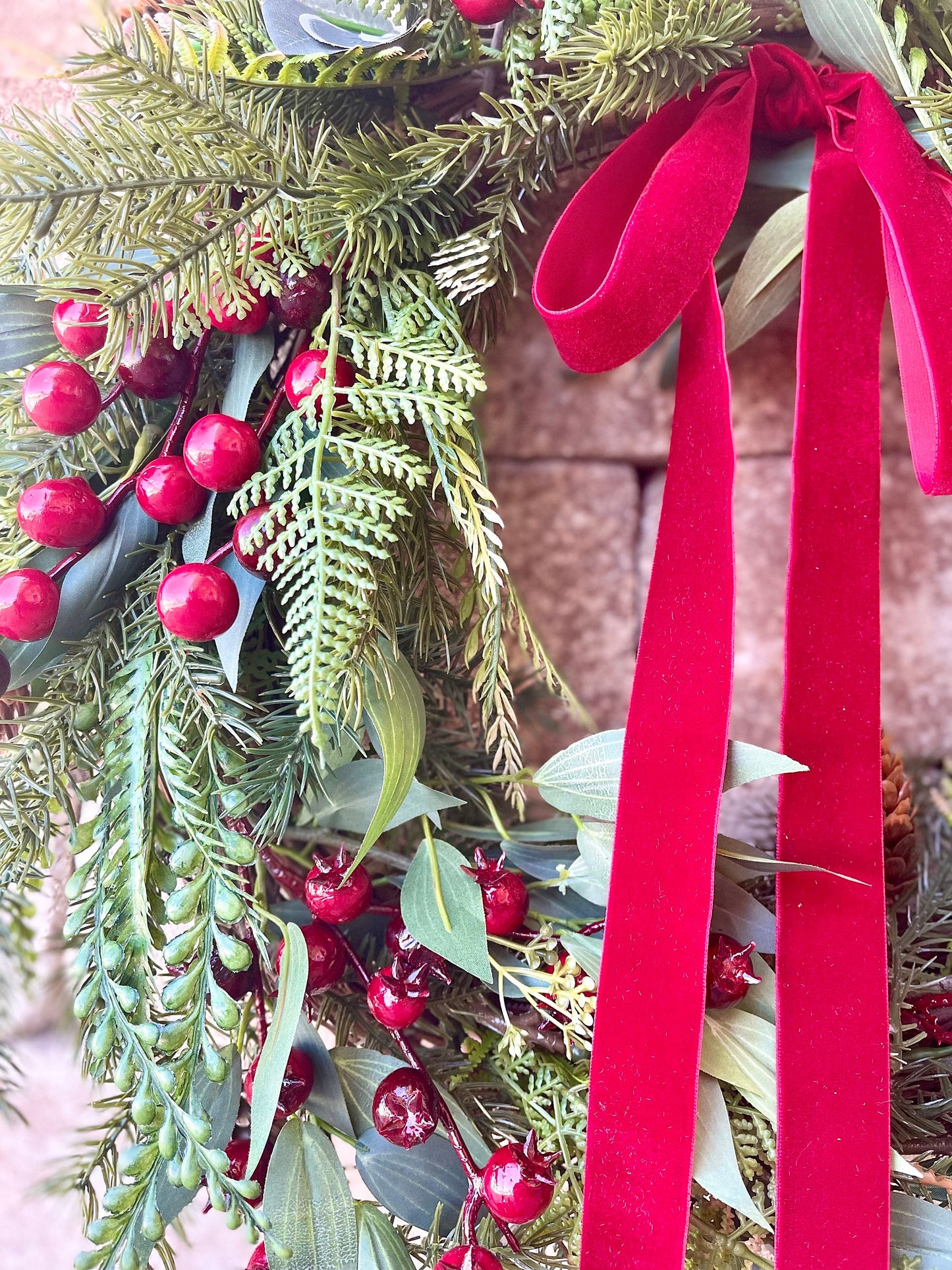 Red Berry Christmas Wreath, Rustic Farmhouse Evergreen, Velvet Bow