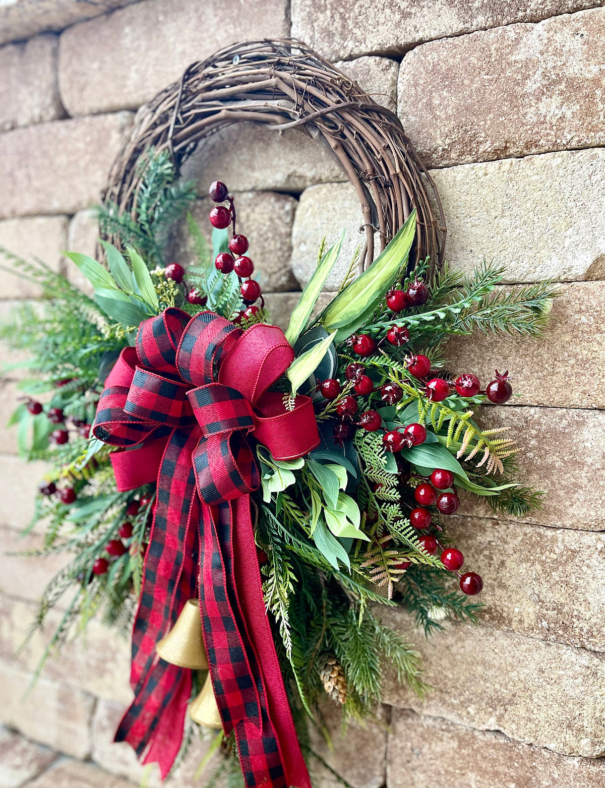 Red Berry Christmas Wreath, Buffalo Check Bow, Farmhouse Winter Decor