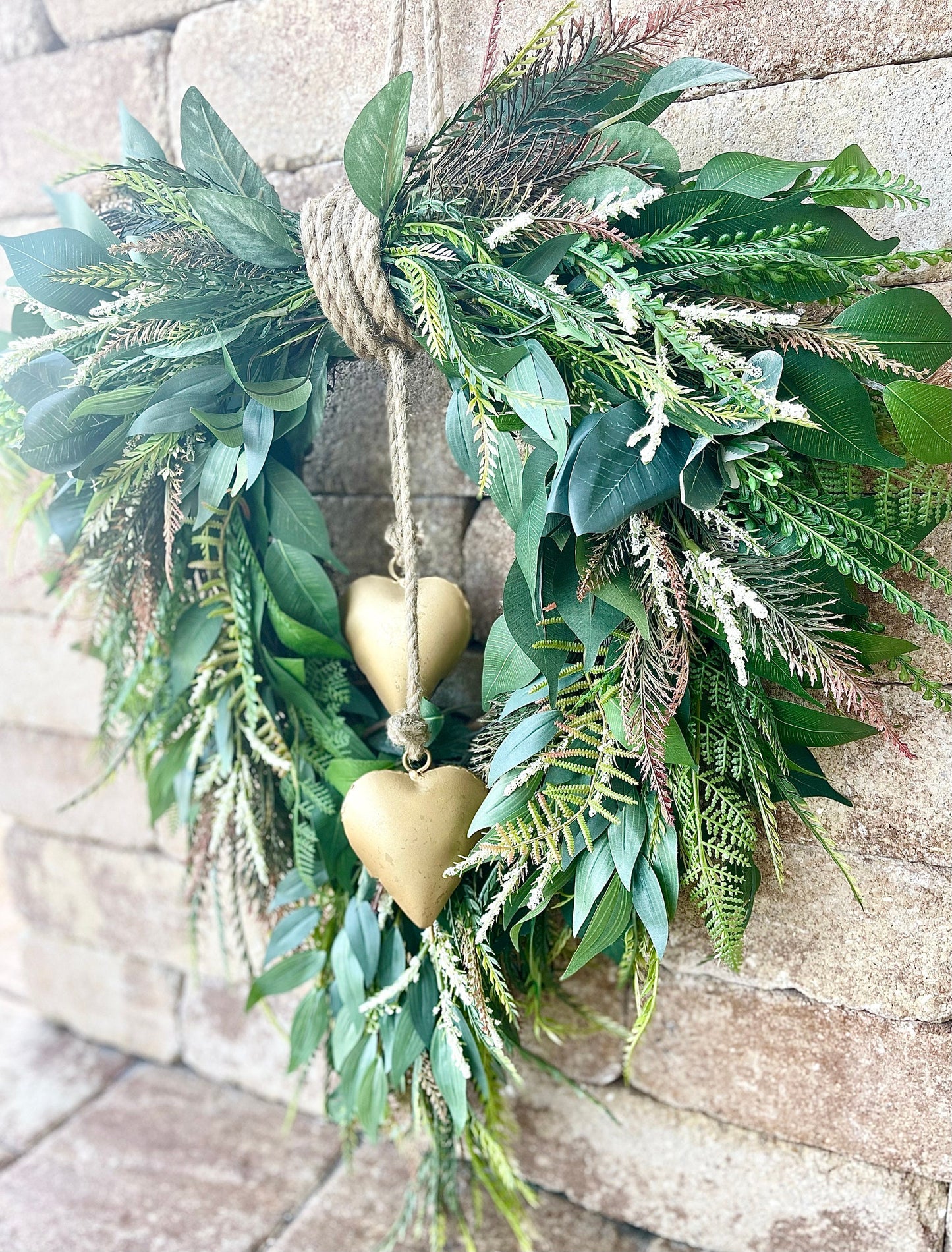 Rustic Greenery Heart Wreath: Farmhouse Gold Heart Bell Decor