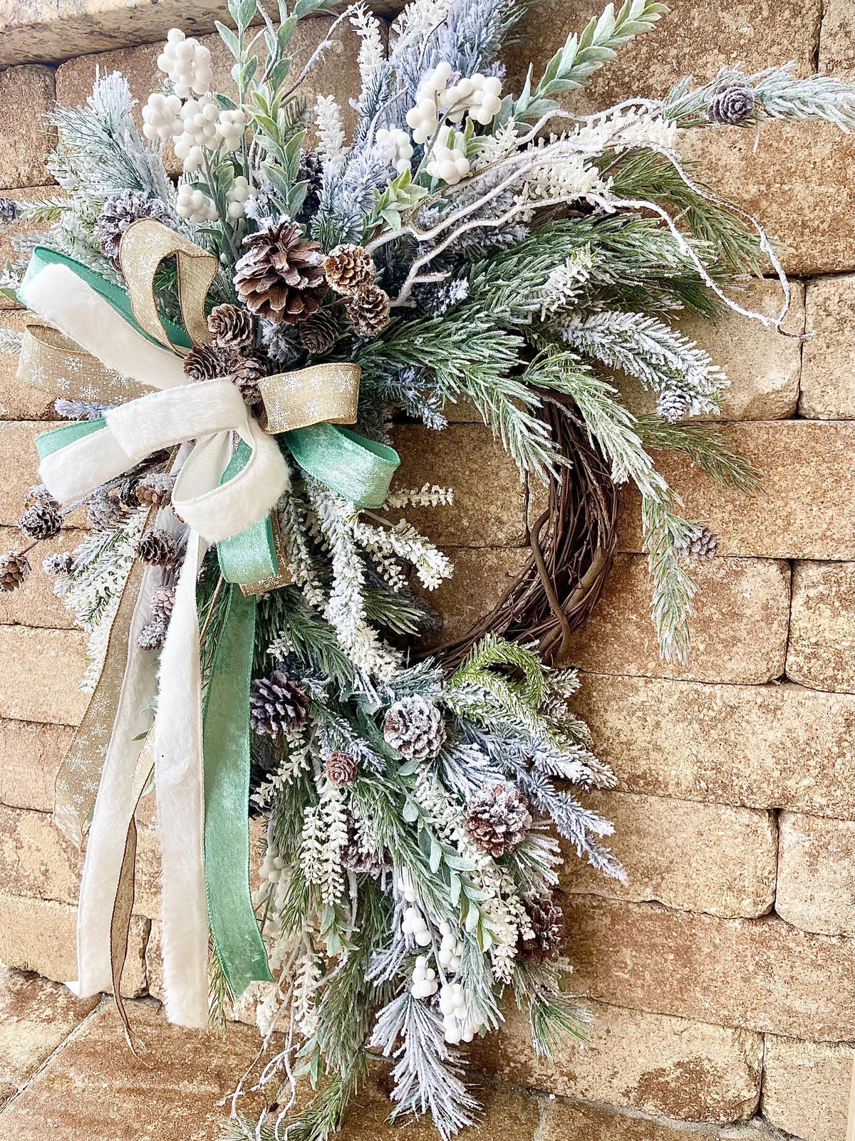 White Snowy Flocked Christmas Wreath with Pinecones and Berries for Front Door