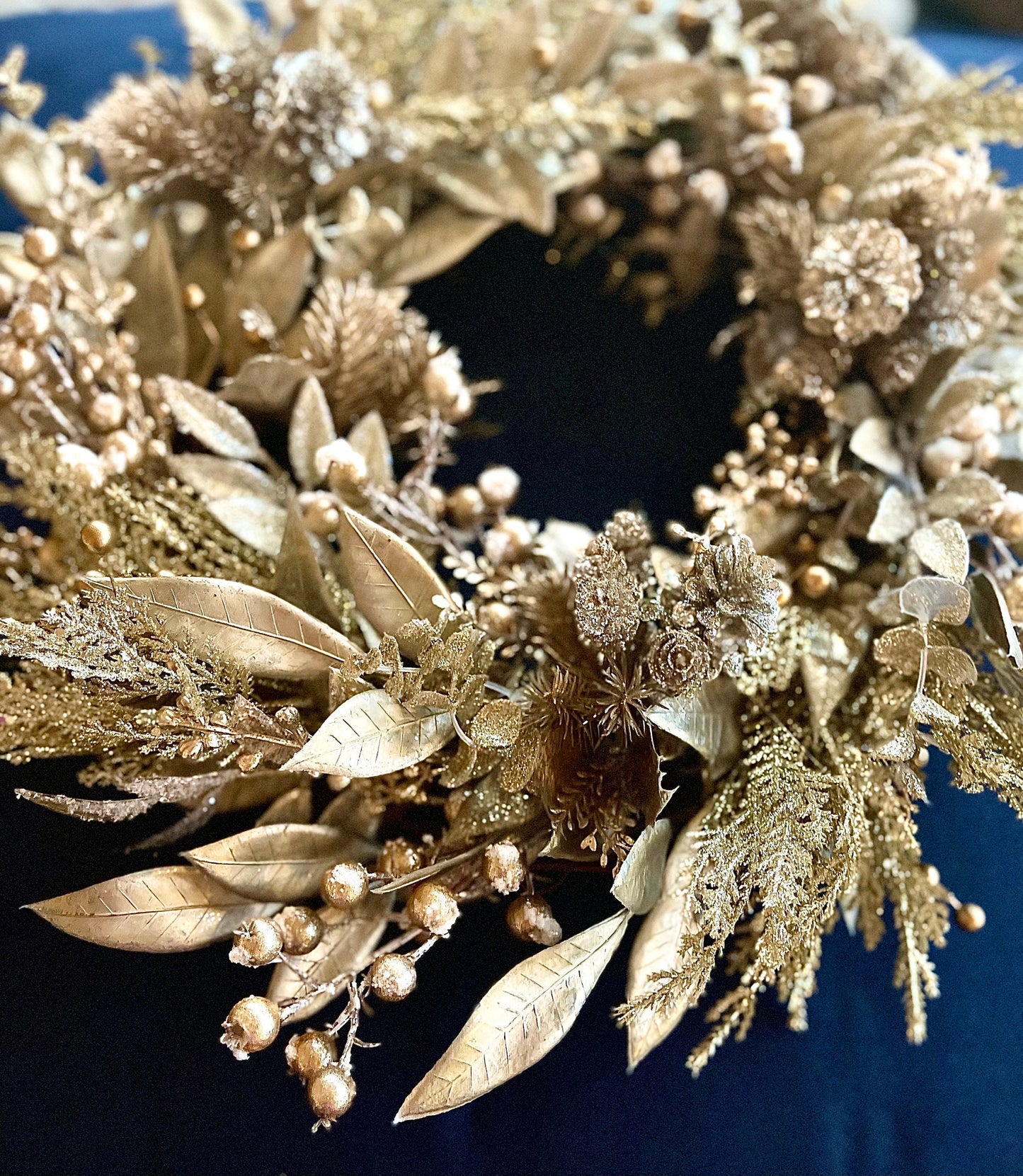 Gold Christmas Wreath for Front Door with Glittered Pinecones and Berries, Glam Holiday Decor