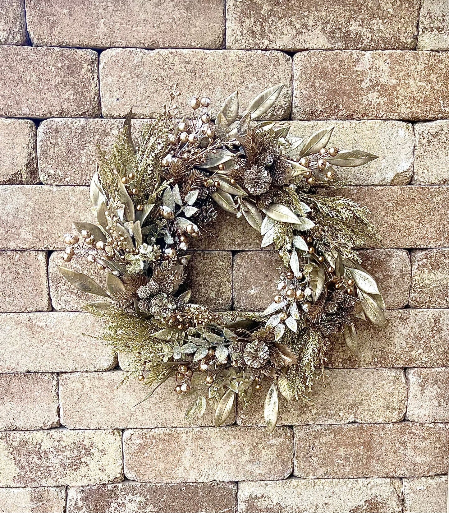 Gold Christmas Wreath for Front Door with Glittered Pinecones and Berries, Glam Holiday Decor