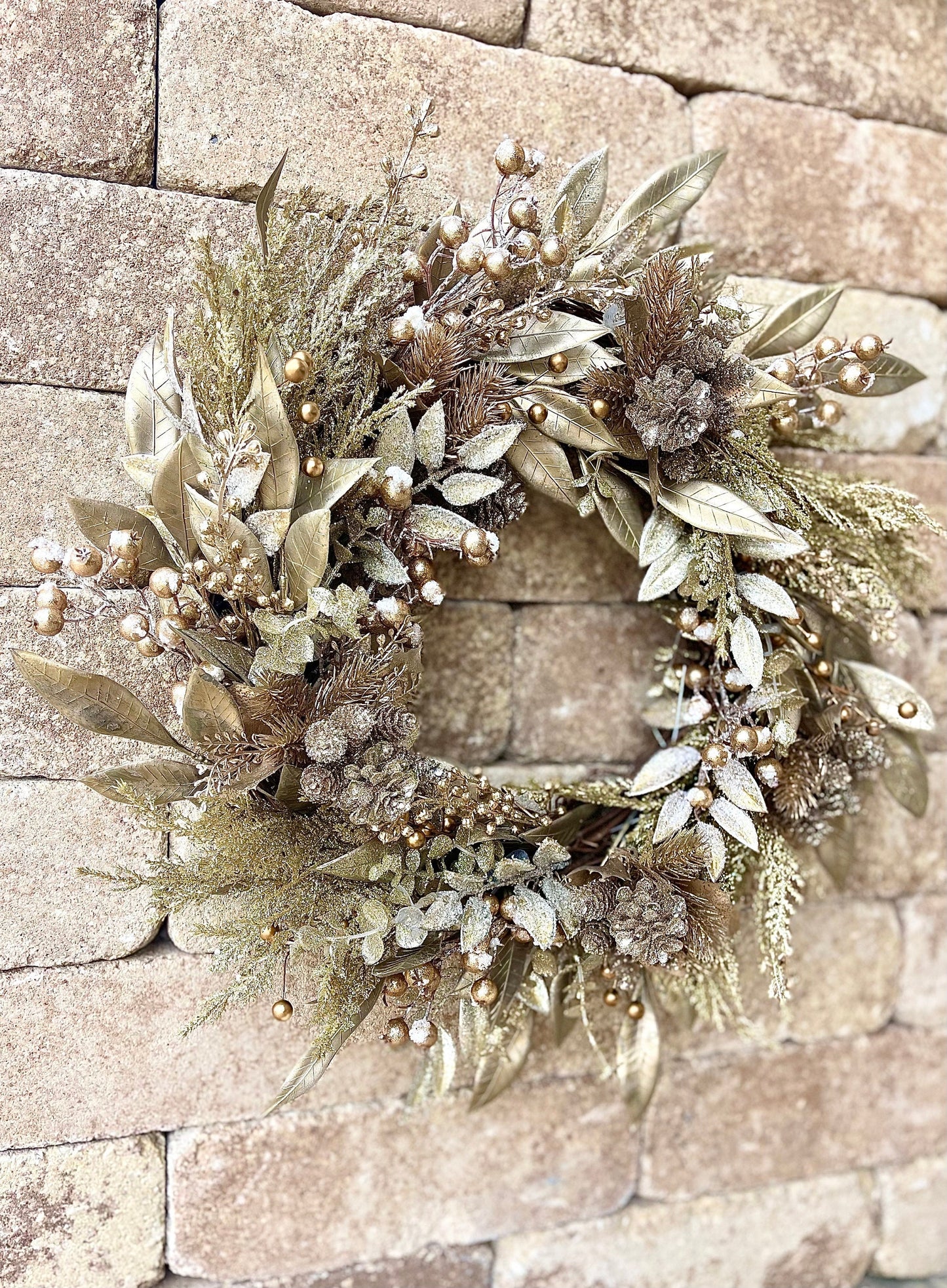 Gold Christmas Wreath for Front Door with Glittered Pinecones and Berries, Glam Holiday Decor