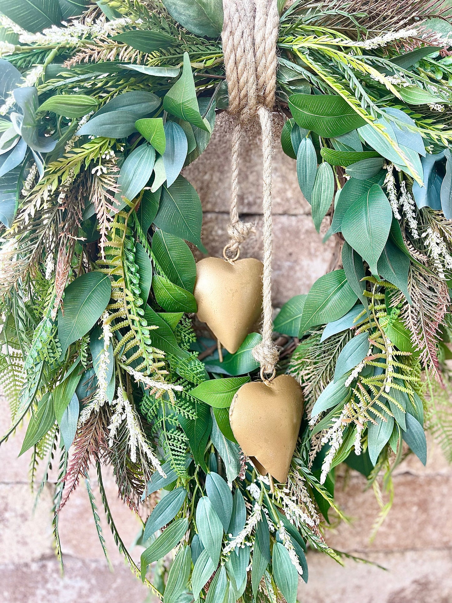 Rustic Greenery Heart Wreath: Farmhouse Gold Heart Bell Decor
