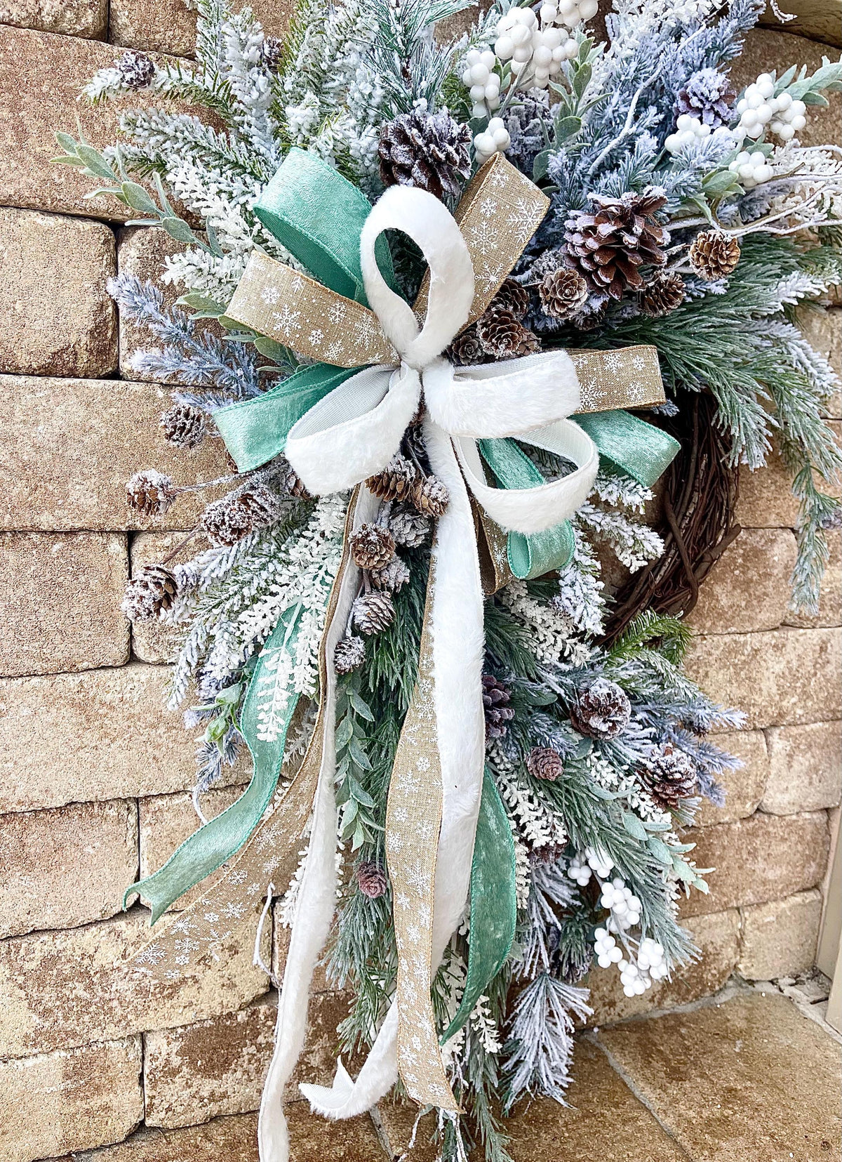 White Snowy Flocked Christmas Wreath with Pinecones and Berries for Front Door