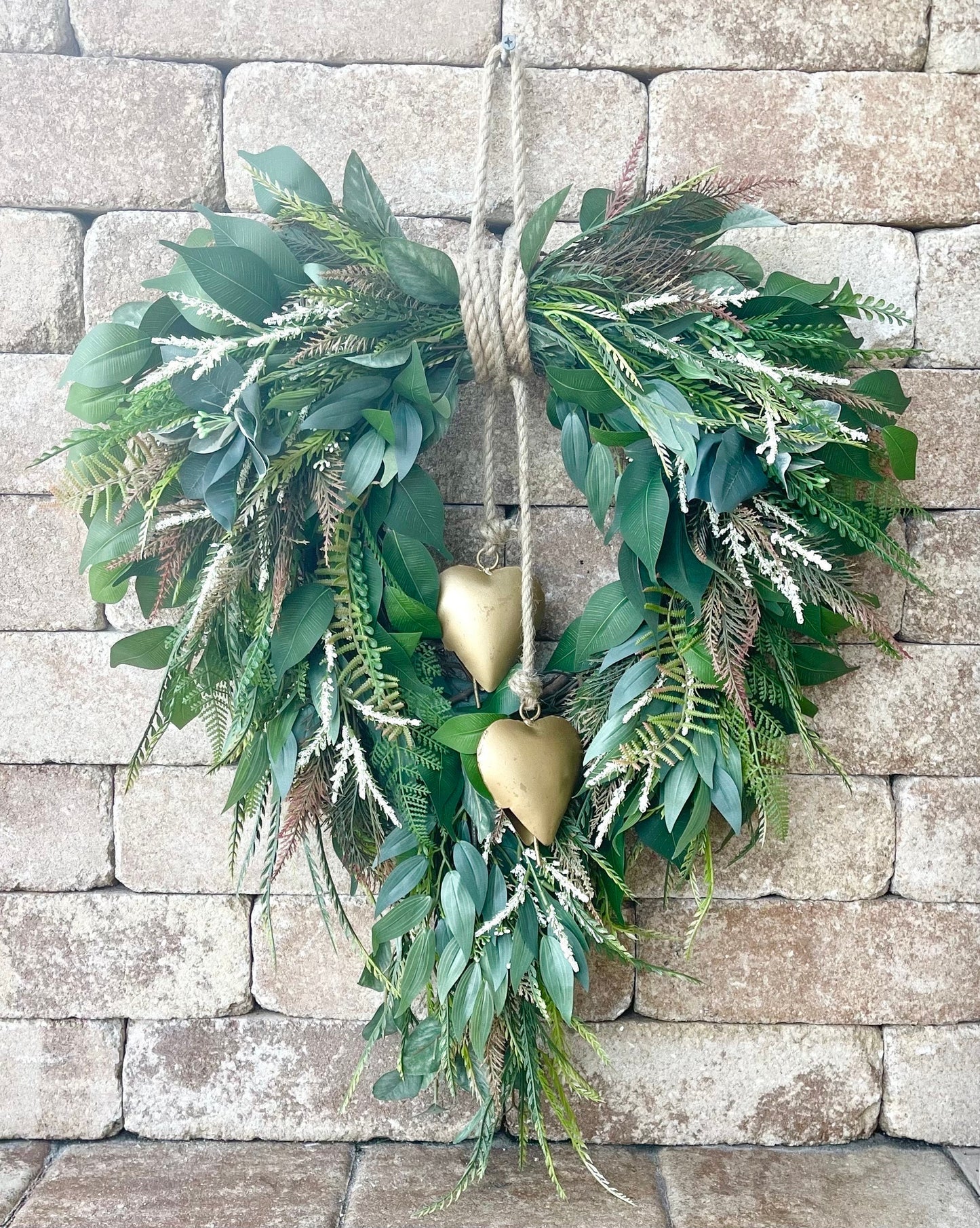 Rustic Greenery Heart Wreath: Farmhouse Gold Heart Bell Decor