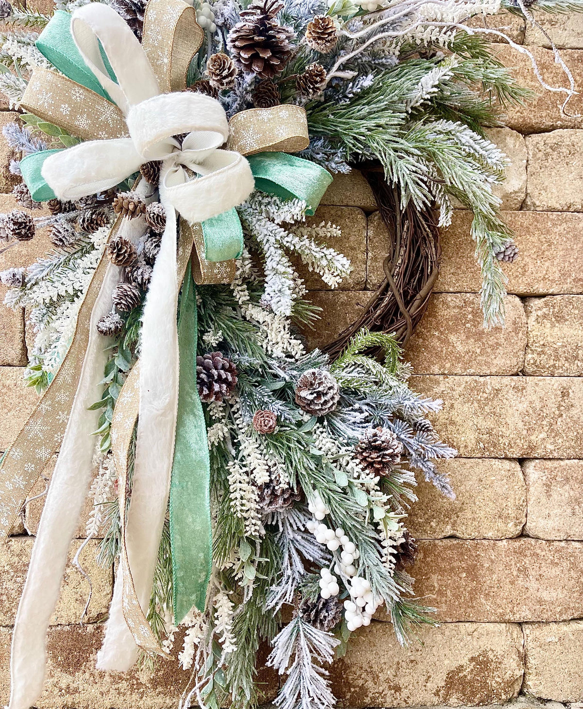 White Snowy Flocked Christmas Wreath with Pinecones and Berries for Front Door