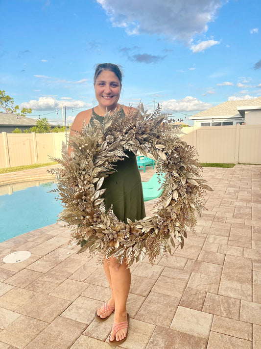 Gold Christmas Wreath for Front Door with Glittered Pinecones and Berries, Glam Holiday Decor