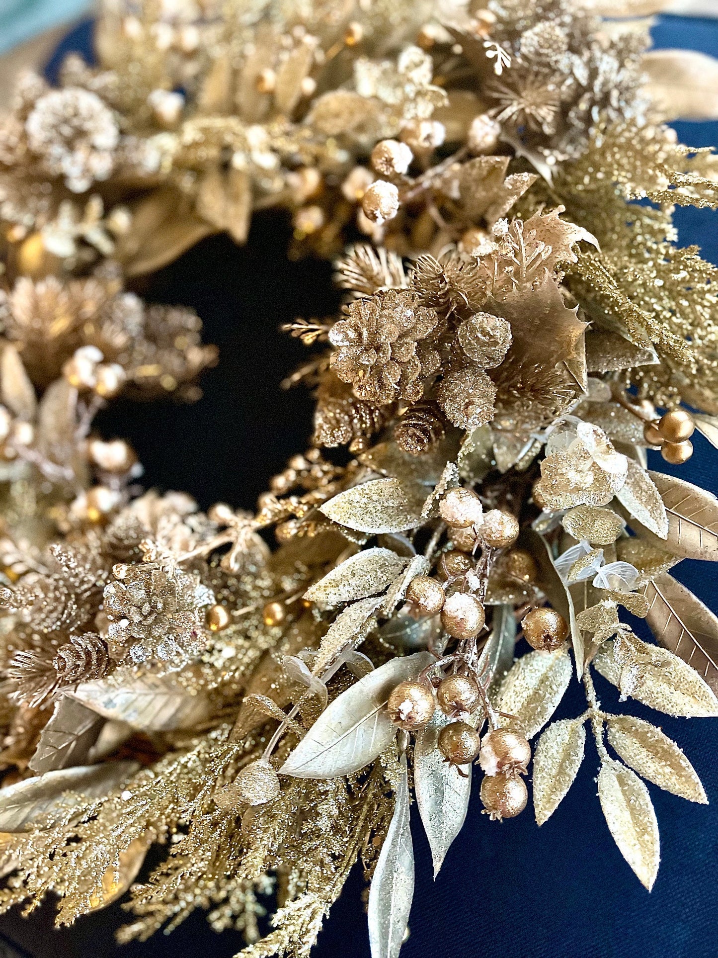 Gold Christmas Wreath for Front Door with Glittered Pinecones and Berries, Glam Holiday Decor