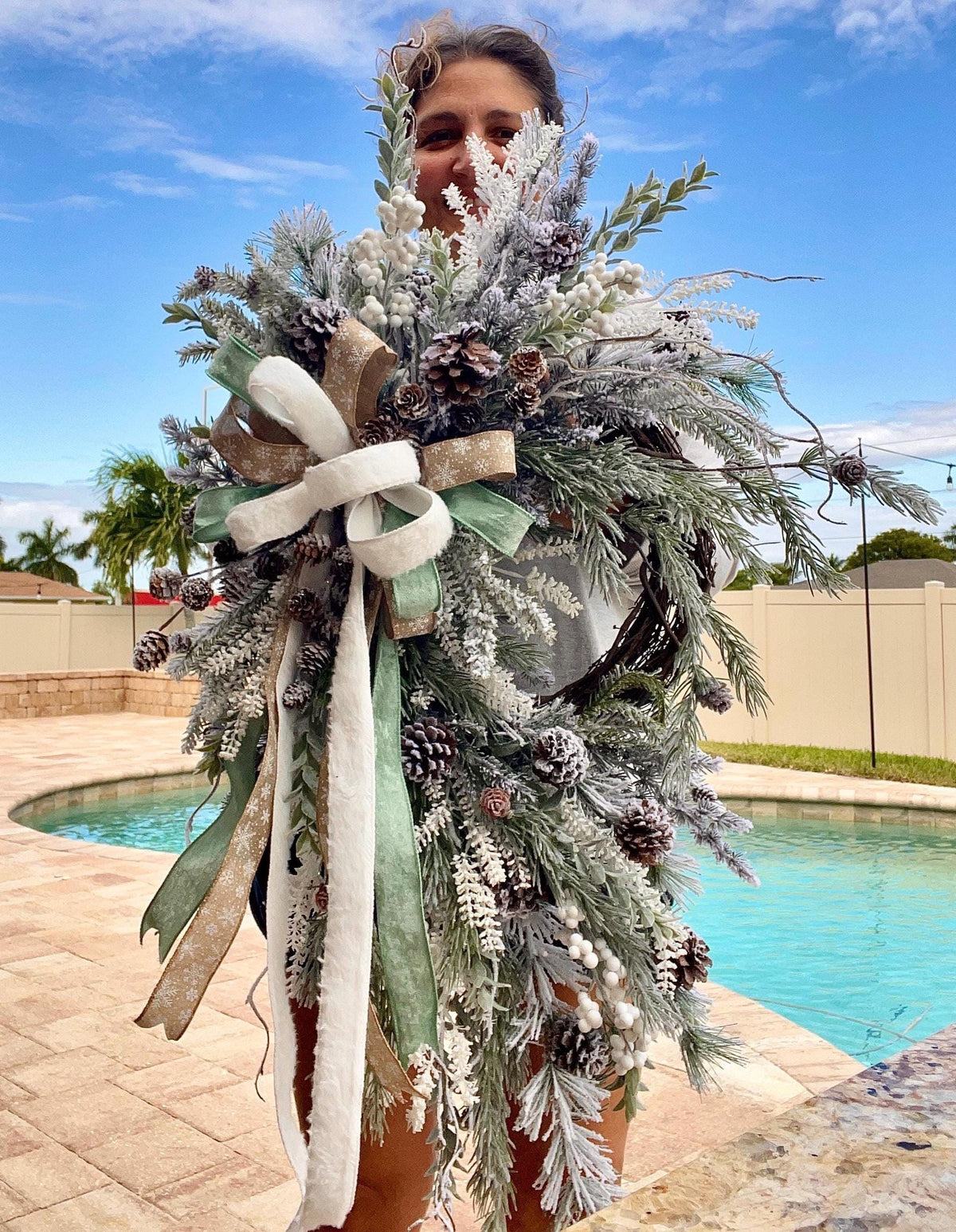 White Snowy Flocked Christmas Wreath with Pinecones and Berries for Front Door