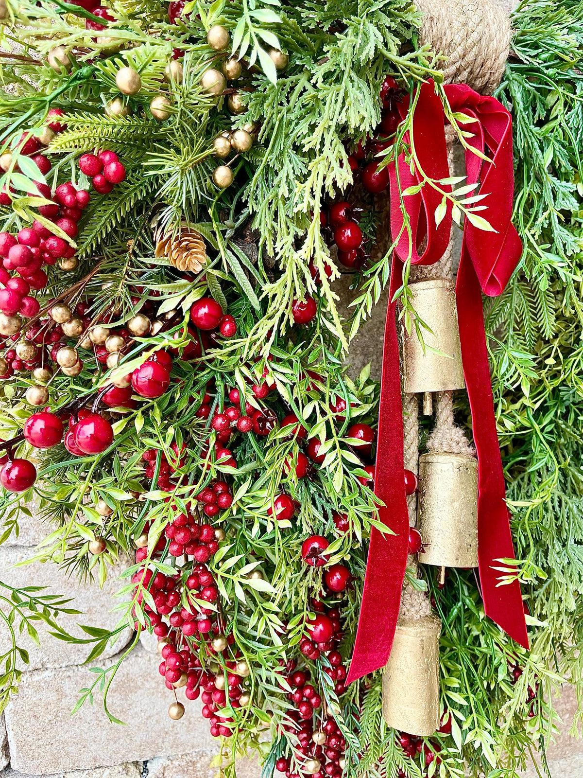 Red Berry Christmas Wreath: Rustic Farmhouse Evergreen with Gold Bells