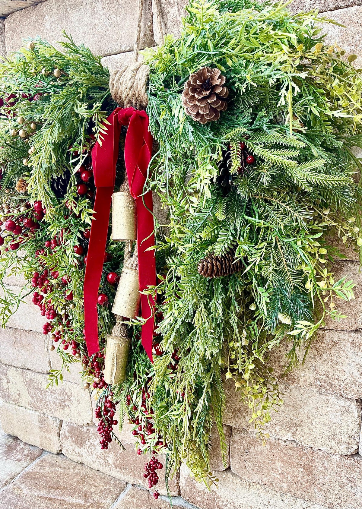 Red Berry Christmas Wreath: Rustic Farmhouse Evergreen with Gold Bells