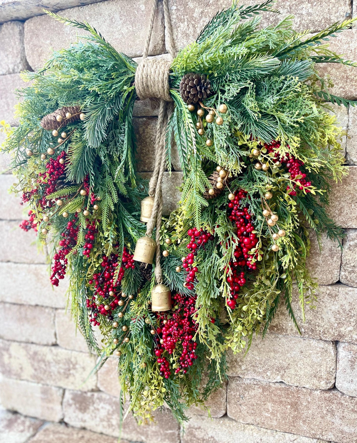 Red Berry Christmas Wreath, Rustic Evergreen Farmhouse Wreath with Gold Bells, Neutral Winter Door Decor, Classic Seasonal Front Door Wreath