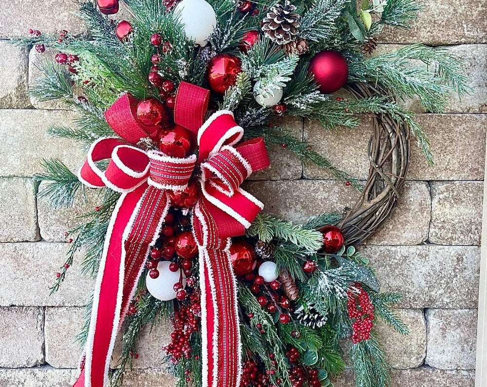 Red and White Christmas Wreath, Holiday Door Decor